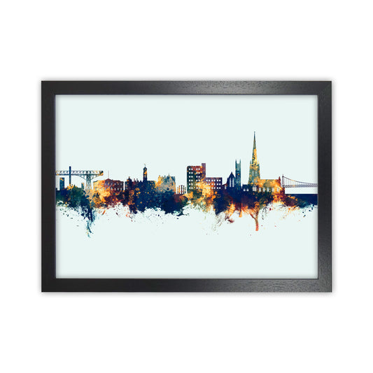Warrington England Skyline Blue Orange Art Print by Michael Tompsett Black Grain