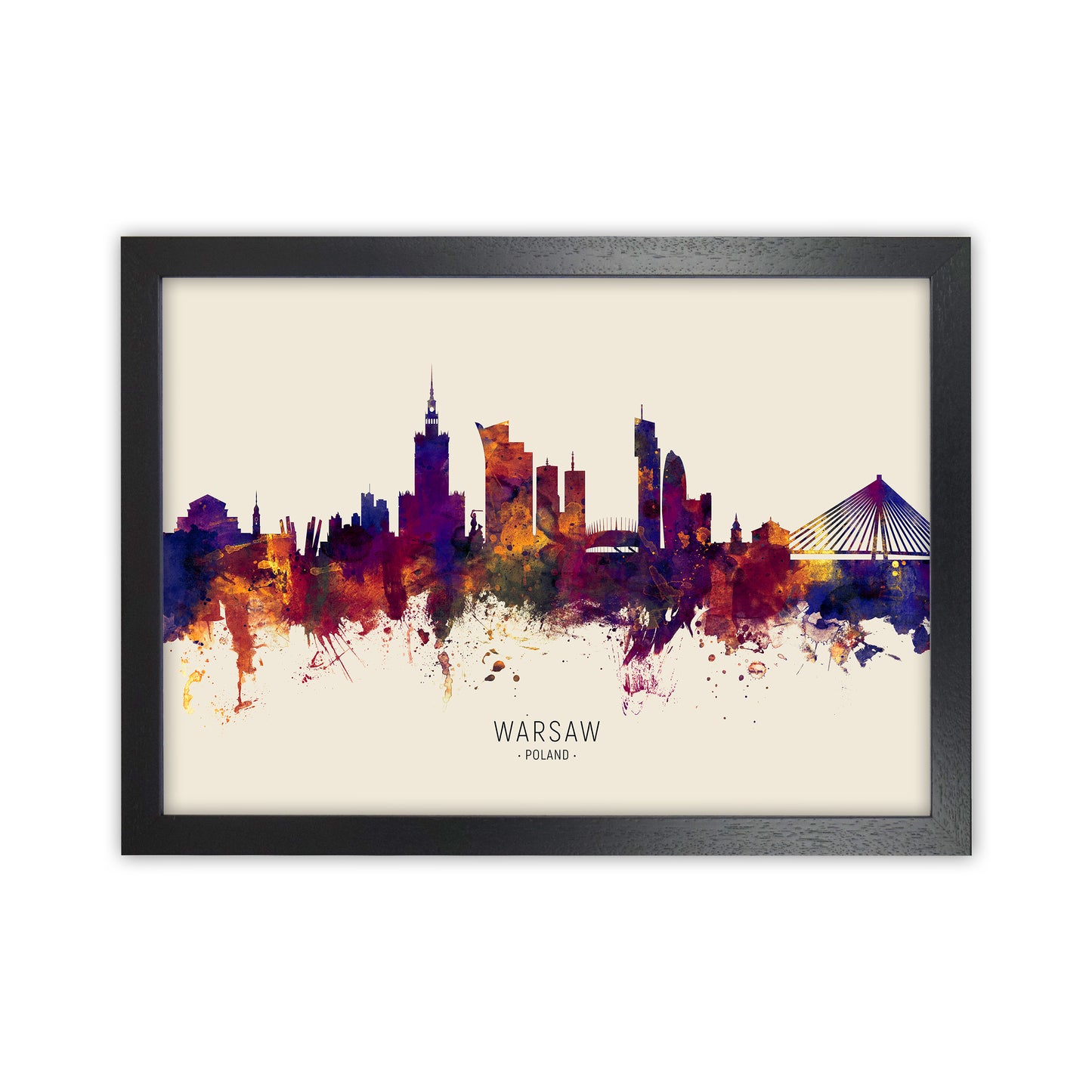 Warsaw Poland Skyline Autumn City Name Art Print by Michael Tompsett Black Grain