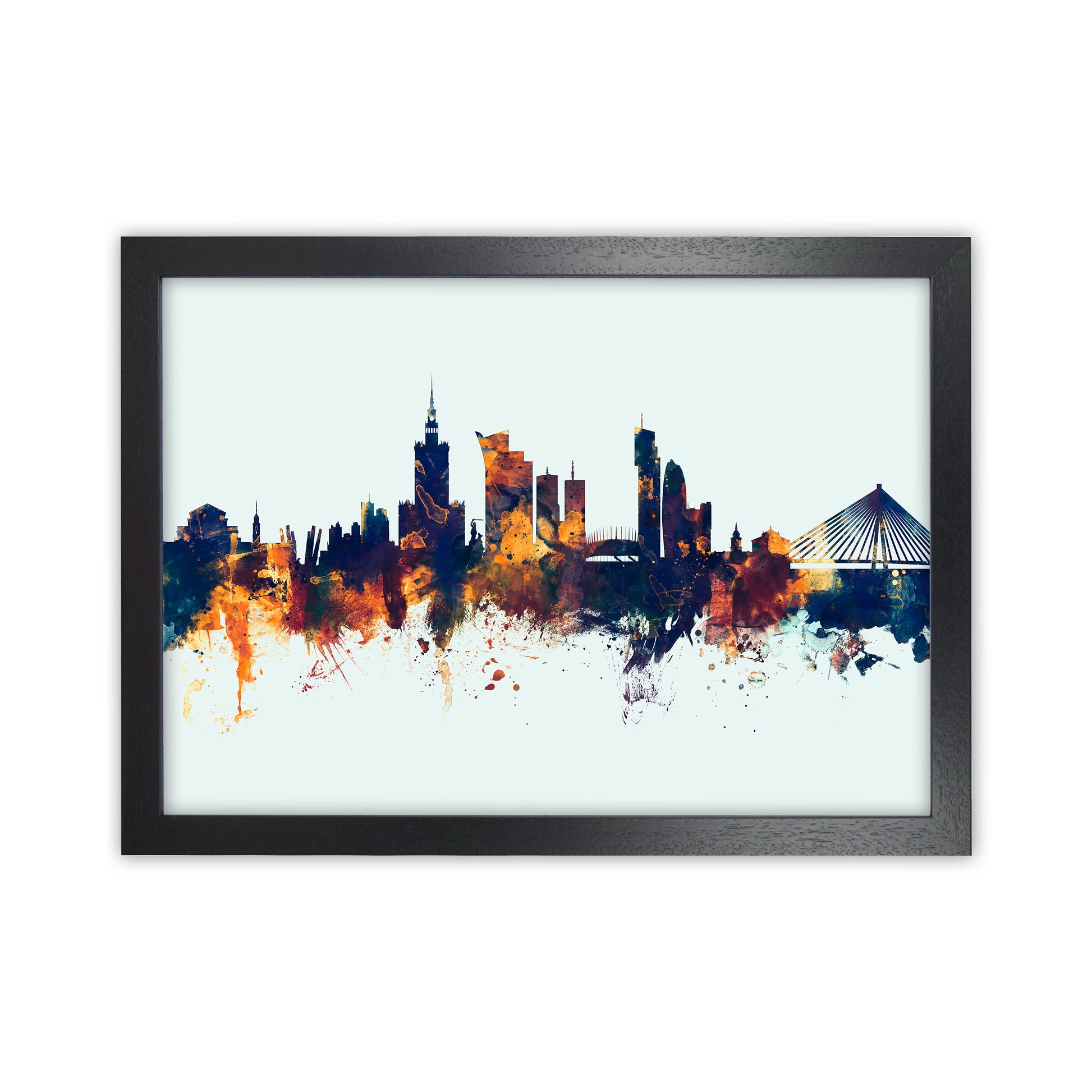 Warsaw Poland Skyline Blue Orange Art Print by Michael Tompsett Black Grain