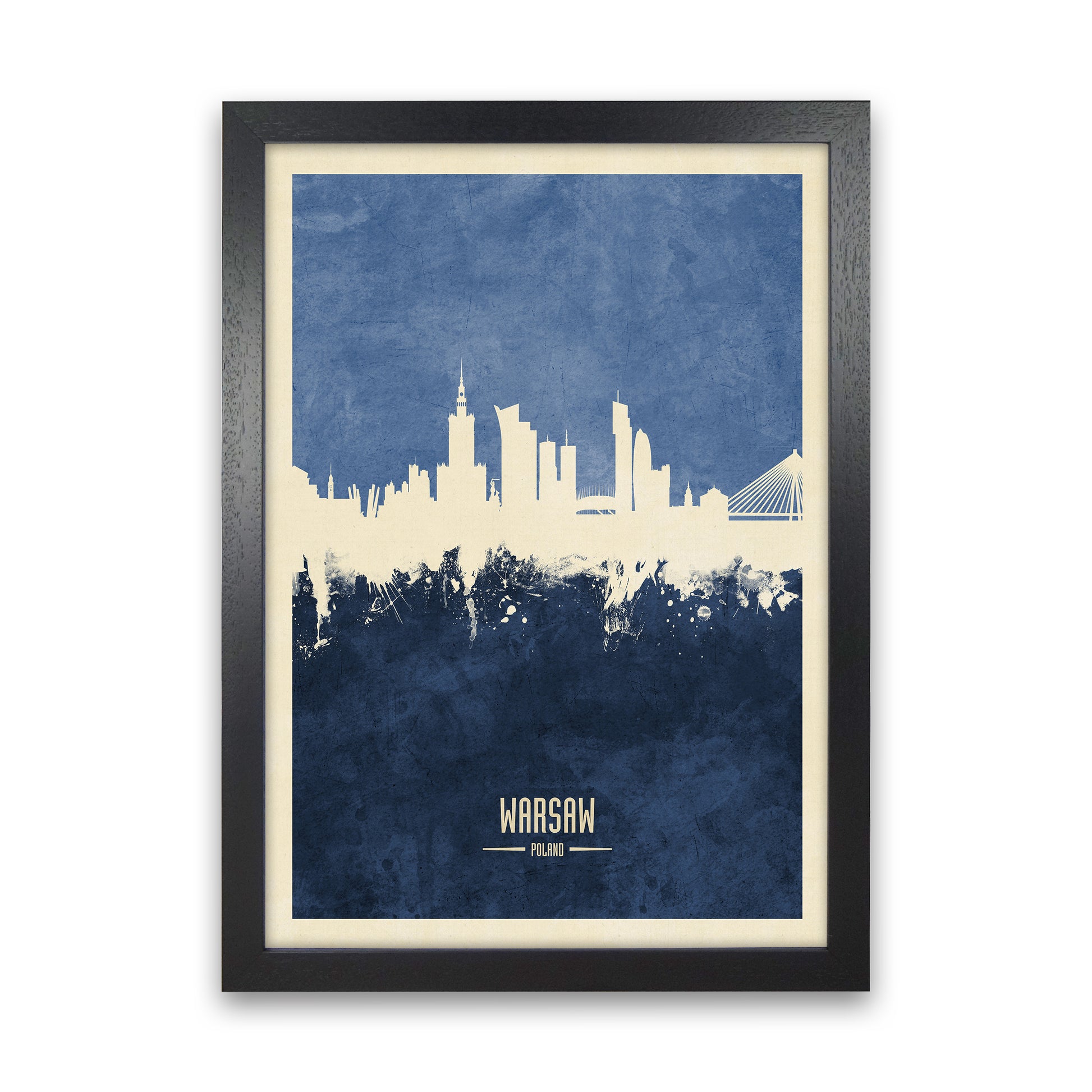 Warsaw Poland Skyline Portrait Navy Art Print by Michael Tompsett Black Grain