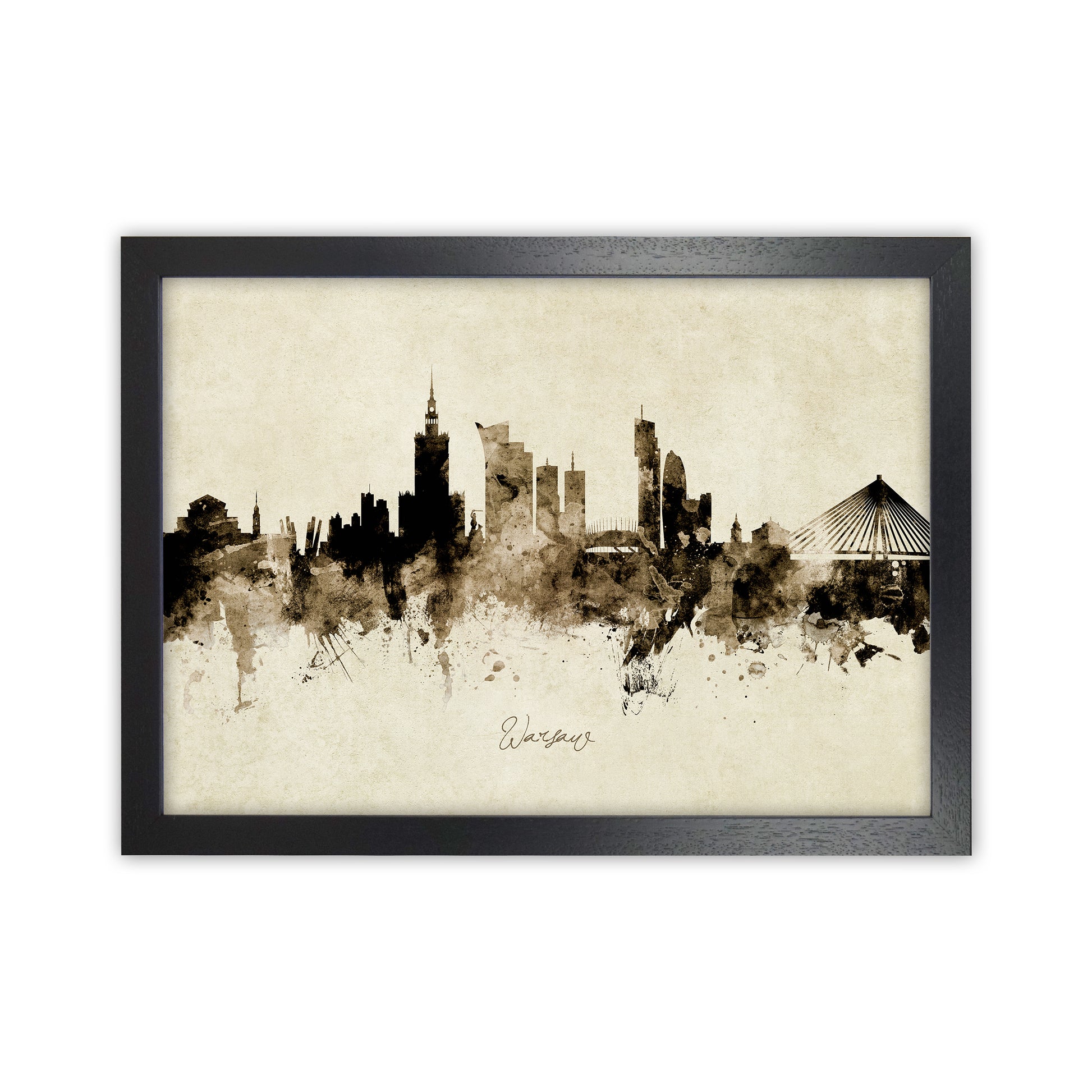 Warsaw Poland Skyline Vintage Art Print by Michael Tompsett Black Grain