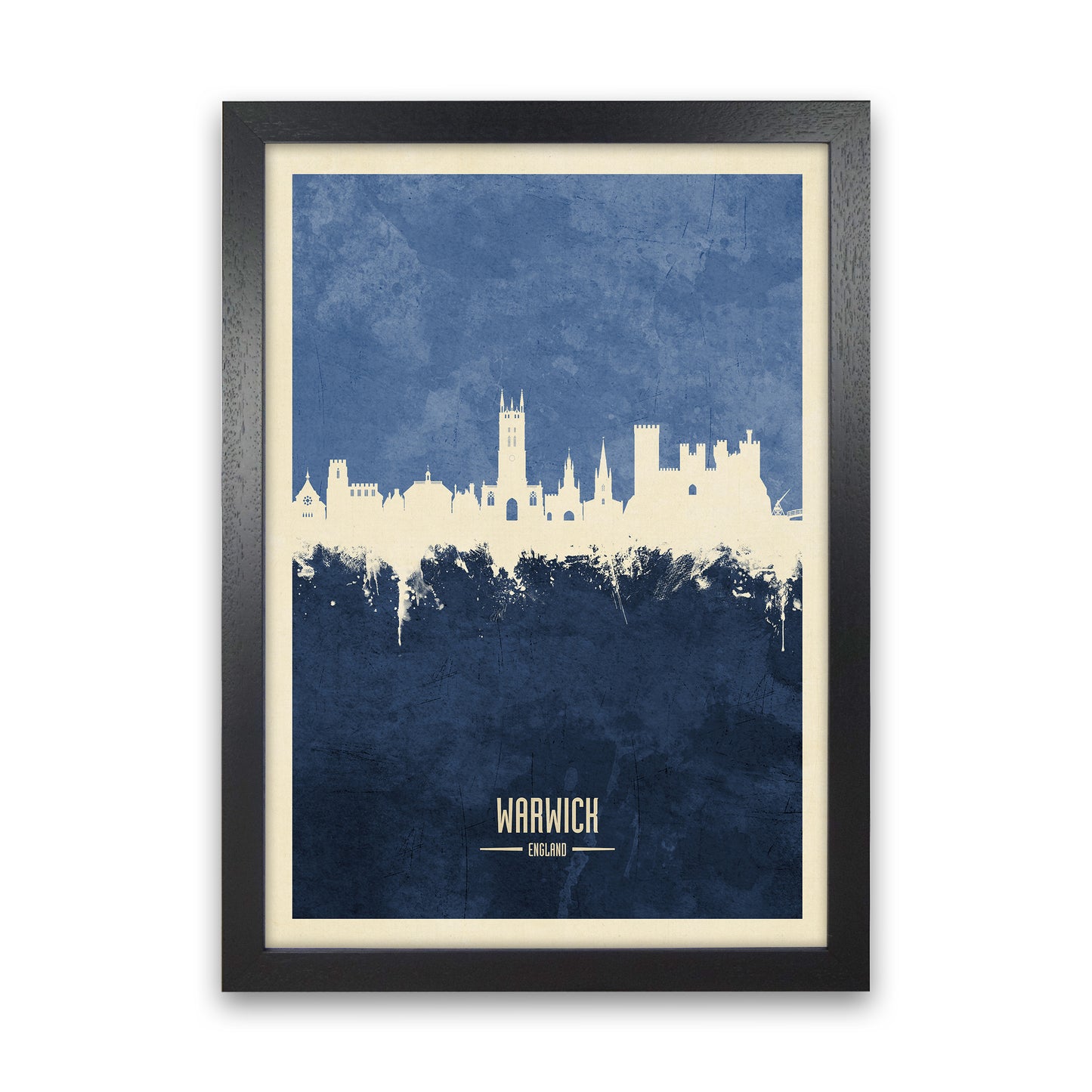 Warwick England Skyline Portrait Navy Art Print by Michael Tompsett Black Grain
