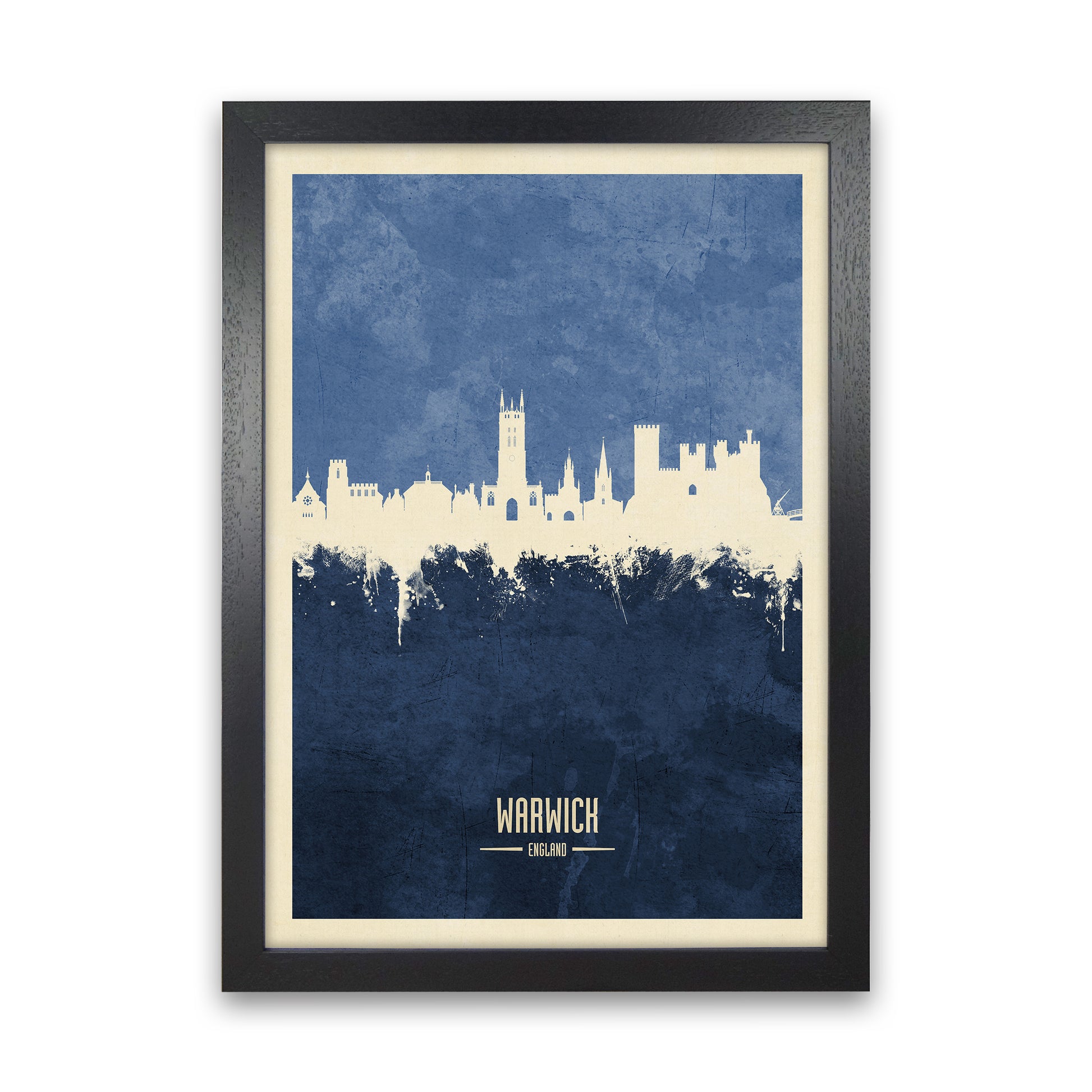 Warwick England Skyline Portrait Navy Art Print by Michael Tompsett Black Grain