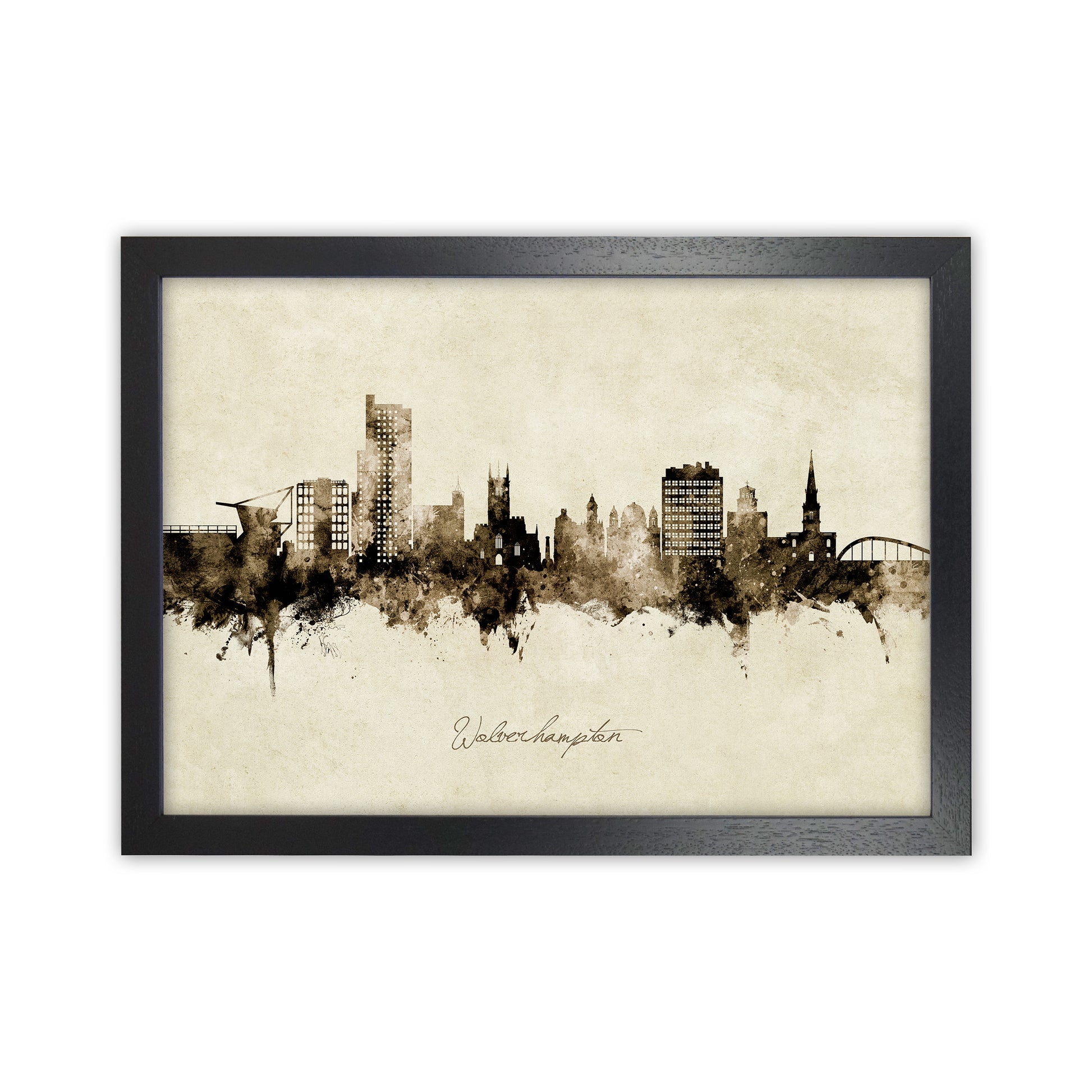 Wolverhampton England Skyline Vintage Art Print by Michael Tompsett Black Grain