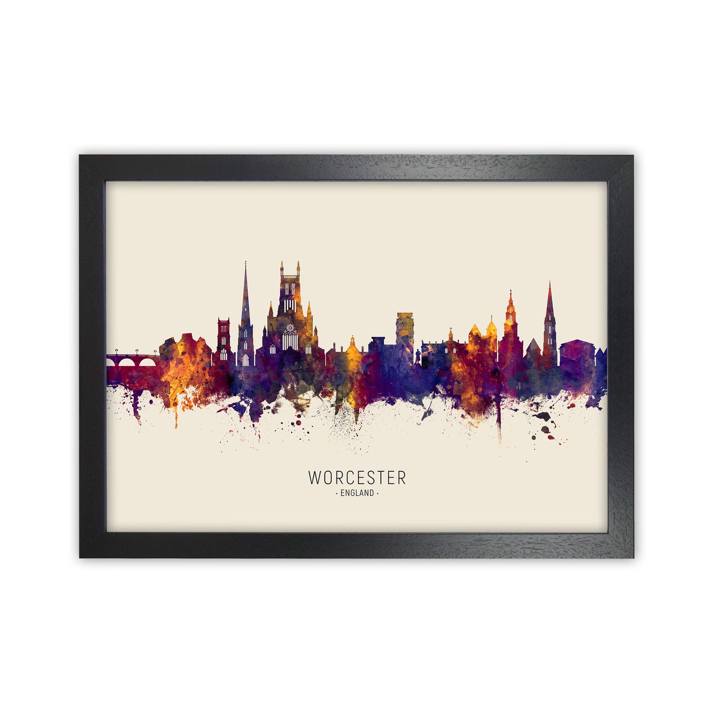 Worcester England Skyline Autumn City Name Art Print by Michael Tompsett Black Grain