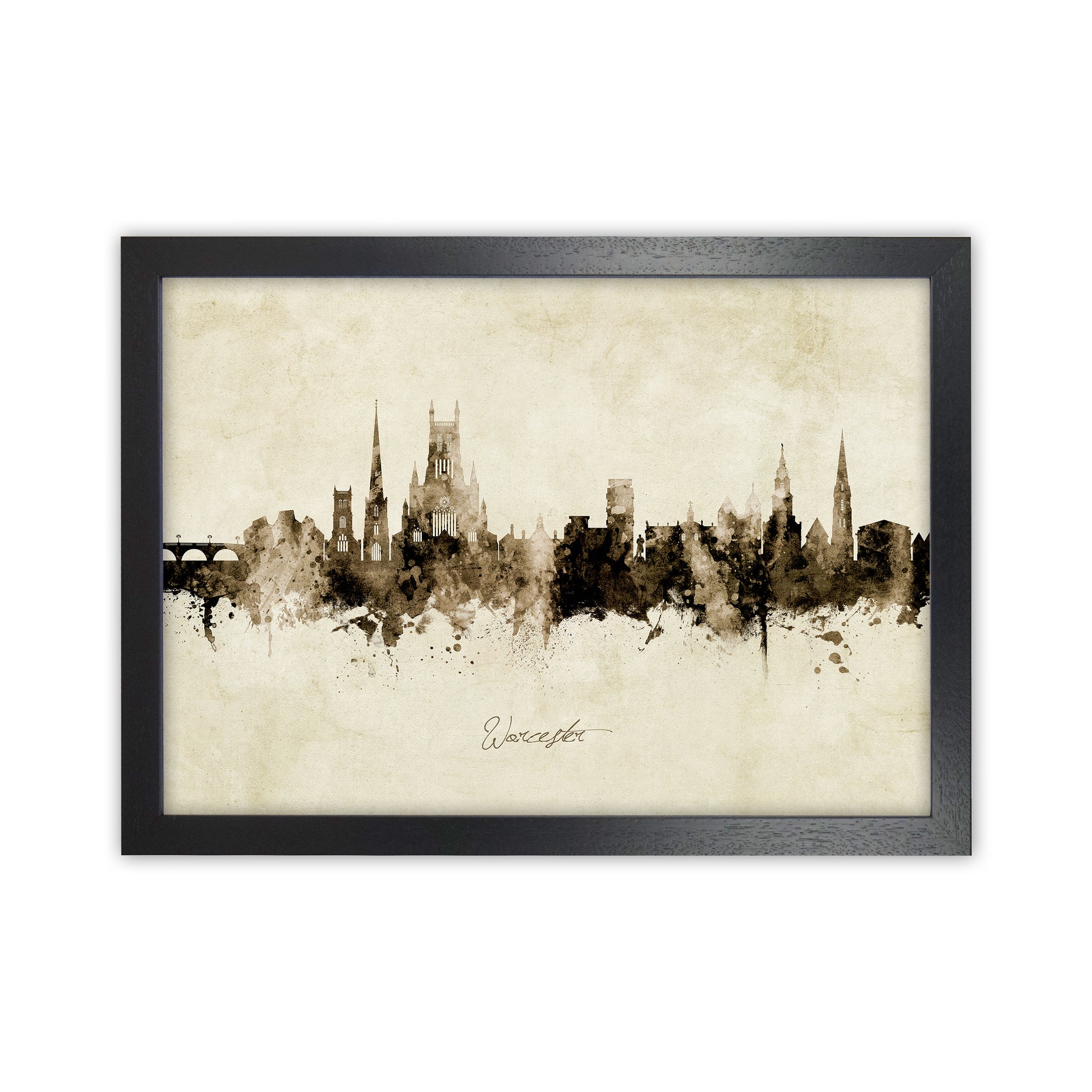Worcester England Skyline Vintage Art Print by Michael Tompsett Black Grain