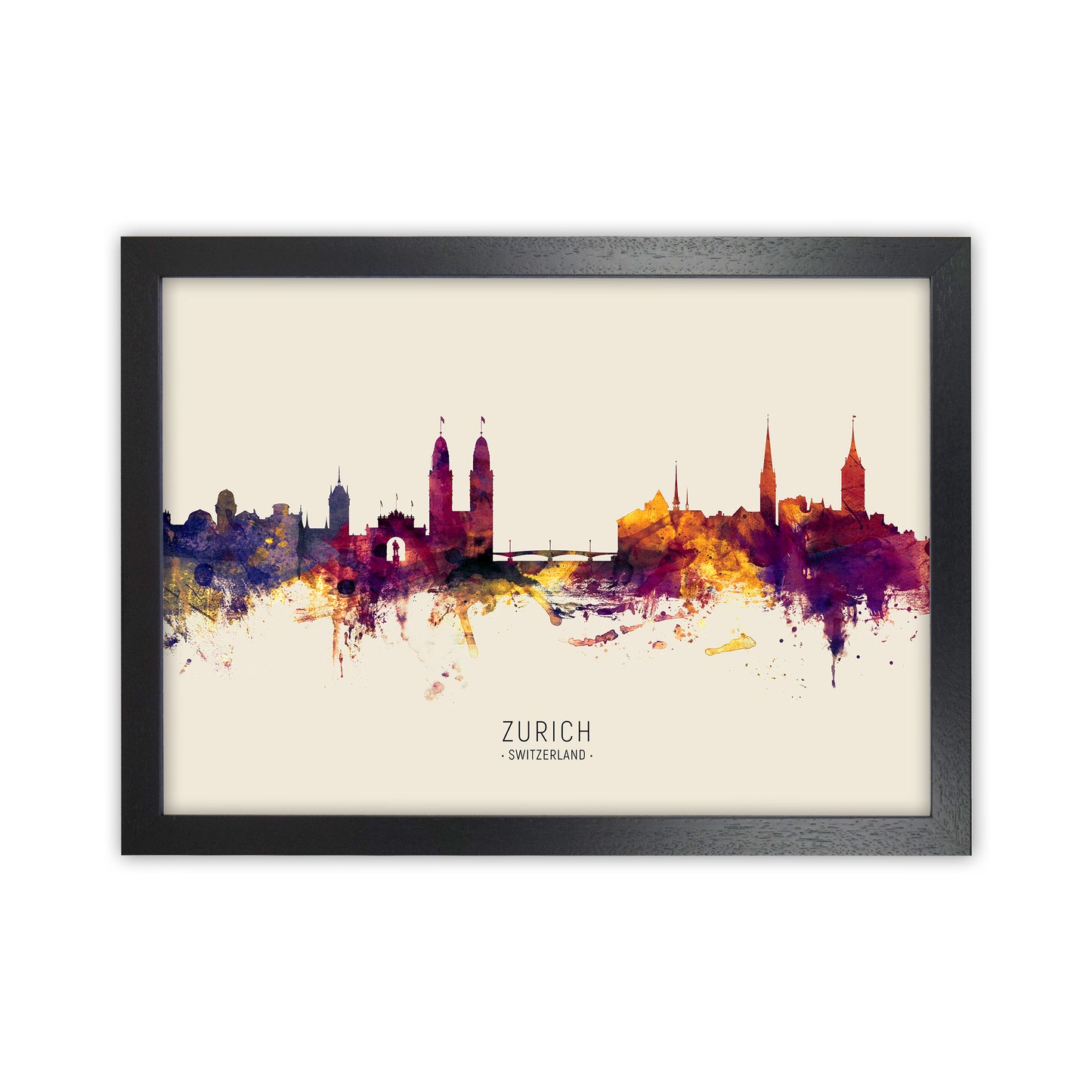 Zurich Switzerland Skyline Autumn City Name Art Print by Michael Tompsett Black Grain