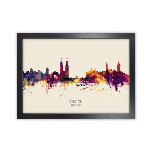 Zurich Switzerland Skyline Autumn City Name Art Print by Michael Tompsett Black Grain