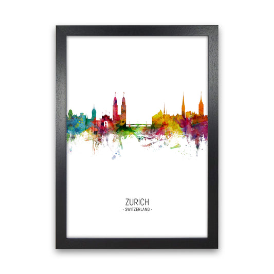 Zurich Switzerland Skyline Portrait Art Print by Michael Tompsett Black Grain
