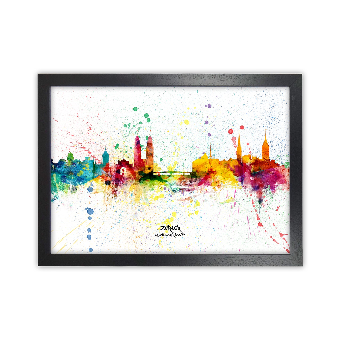 Zurich Switzerland Skyline Splash Art Print by Michael Tompsett Black Grain