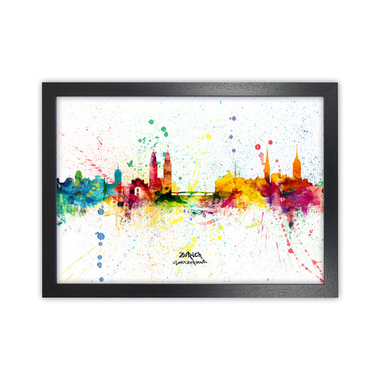 Zurich Switzerland Skyline Splash Art Print by Michael Tompsett Black Grain