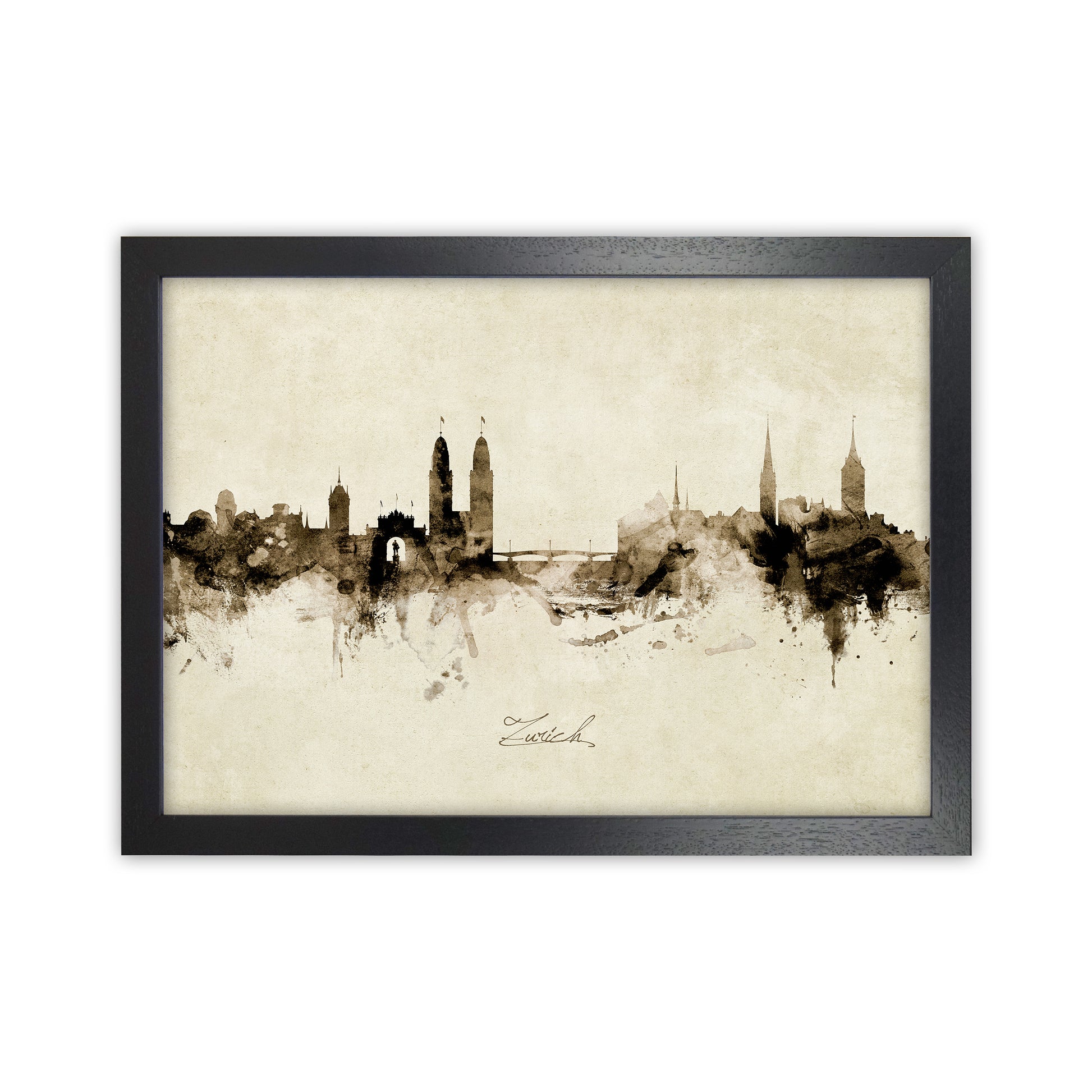 Zurich Switzerland Skyline Vintage Art Print by Michael Tompsett Black Grain