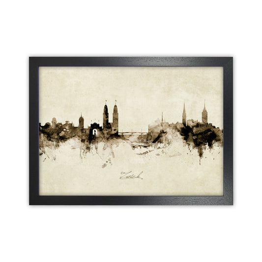 Zurich Switzerland Skyline Vintage Art Print by Michael Tompsett Black Grain