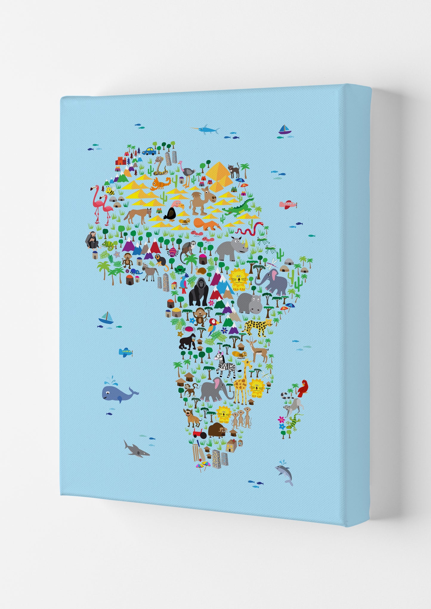 Animal Map of Africa Blue Nursery Print by Michael Tompsett Canvas