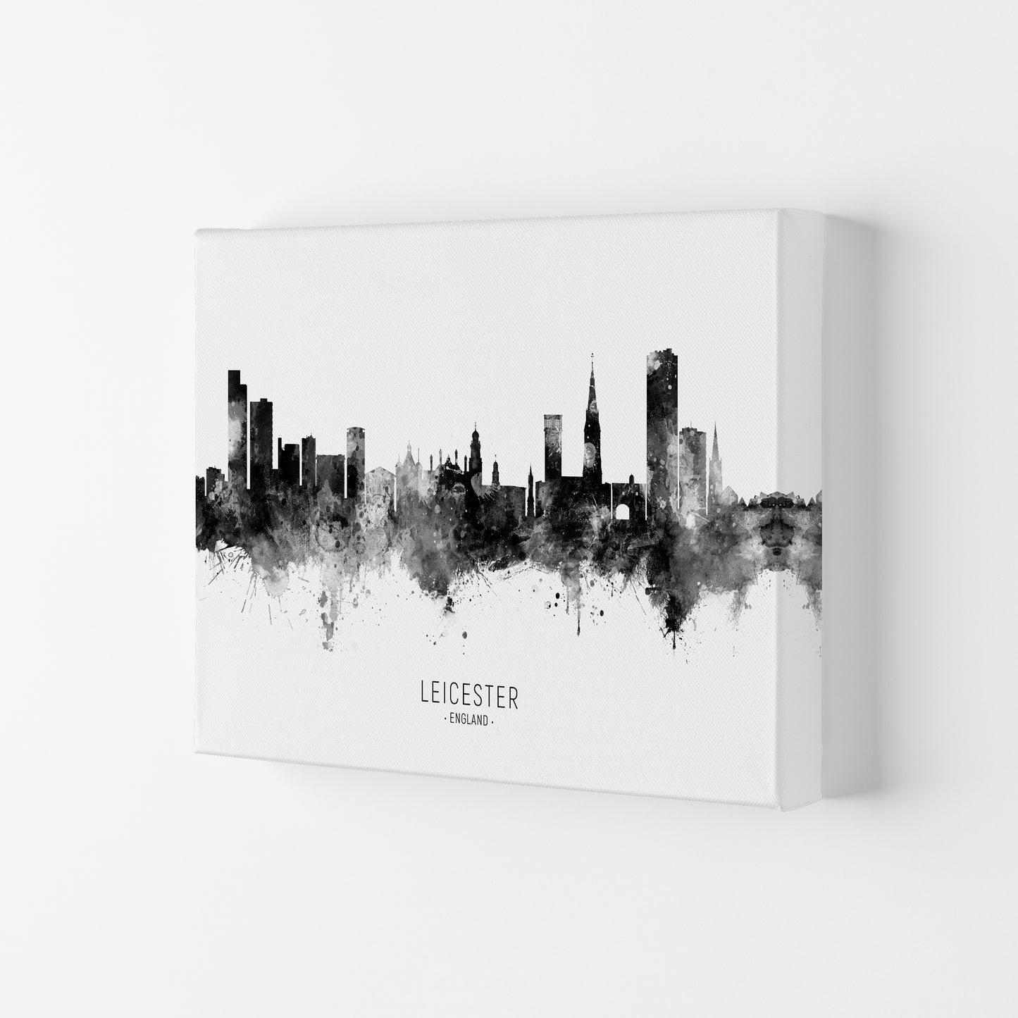 Leicester England Skyline Black White City Name  by Michael Tompsett Canvas