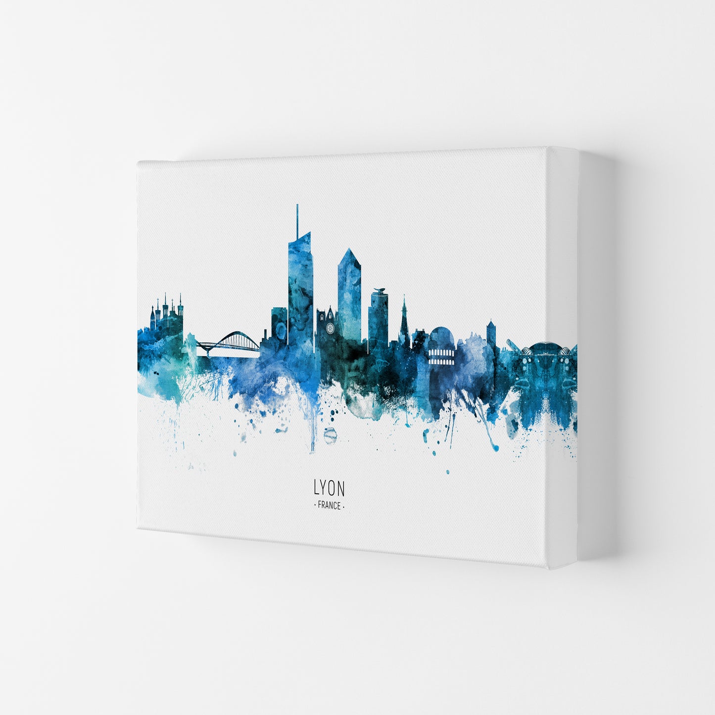 Lyon France Skyline Blue City Name Print by Michael Tompsett Canvas