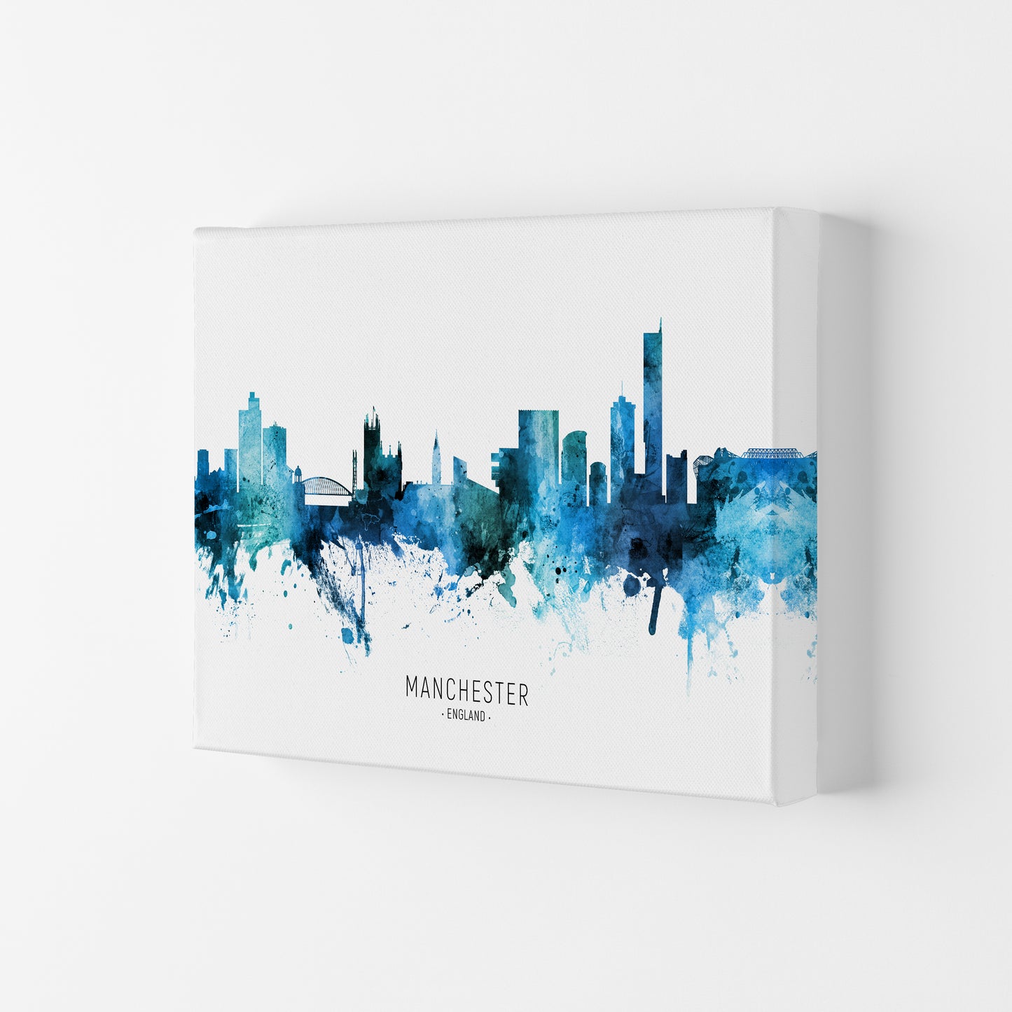 Manchester England Skyline Blue City Name by Michael Tompsett Canvas