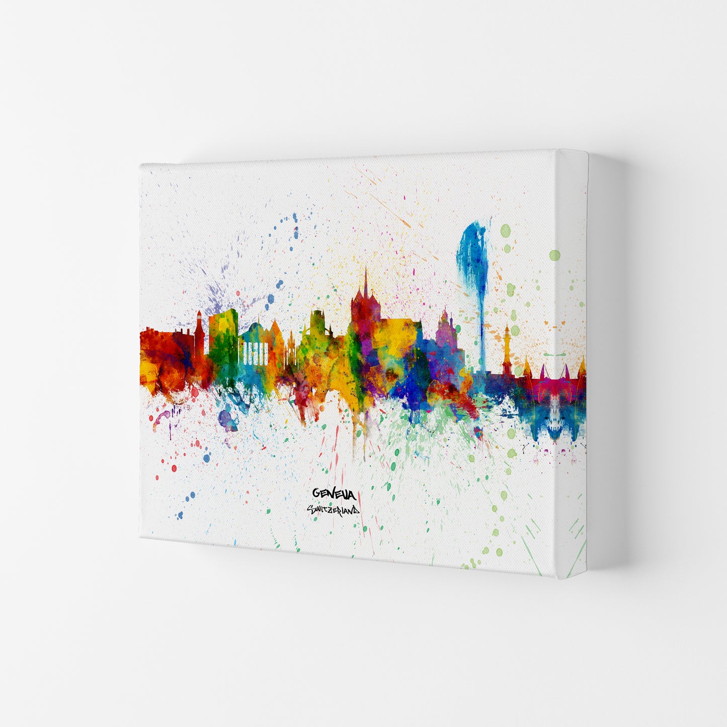 Geneva Switzerland Skyline Splash Art Print by Michael Tompsett Canvas