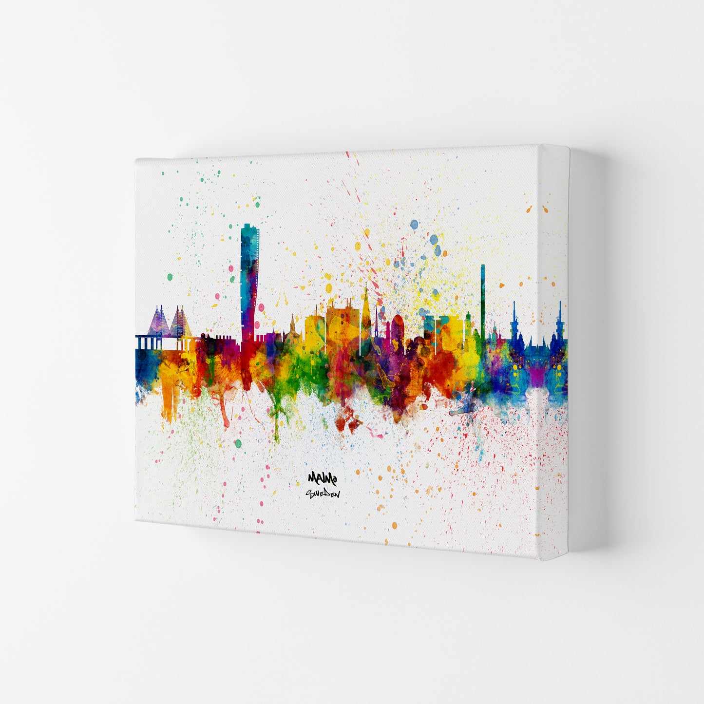 Malmo Sweden Skyline Splash Art Print by Michael Tompsett Canvas