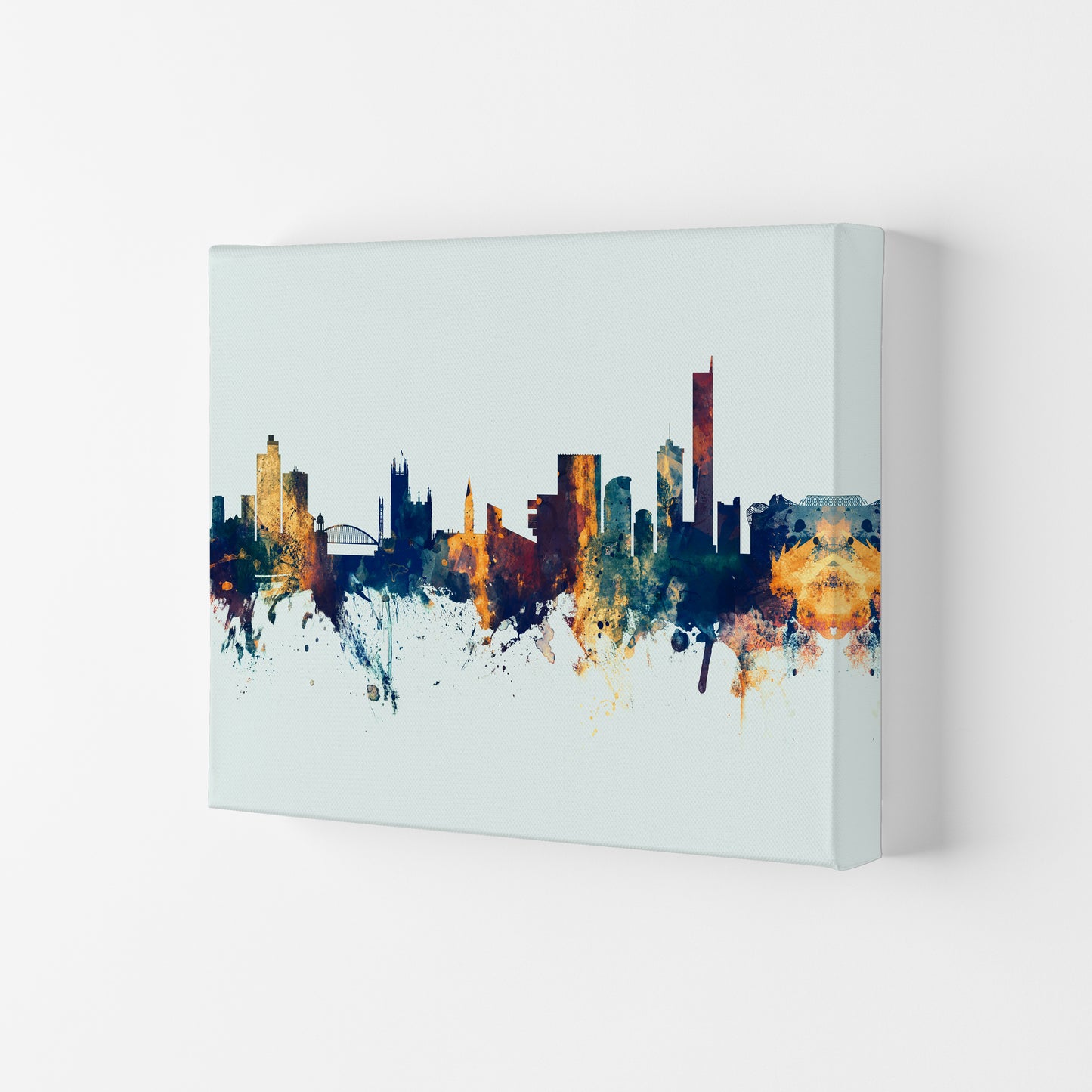 Manchester England Skyline Blue Orange Art Print by Michael Tompsett Canvas