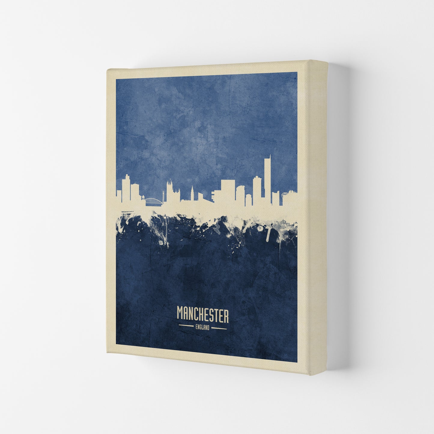 Manchester England Skyline Portrait Navy Art Print by Michael Tompsett Canvas