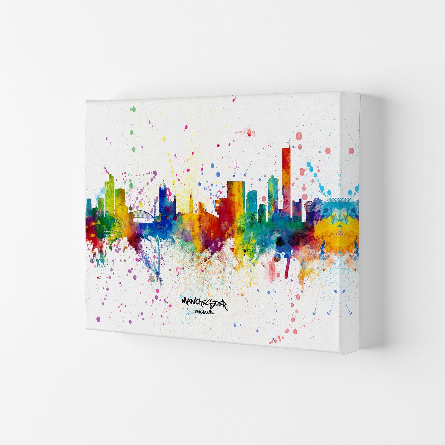 Manchester England Skyline Splash Art Print by Michael Tompsett Canvas