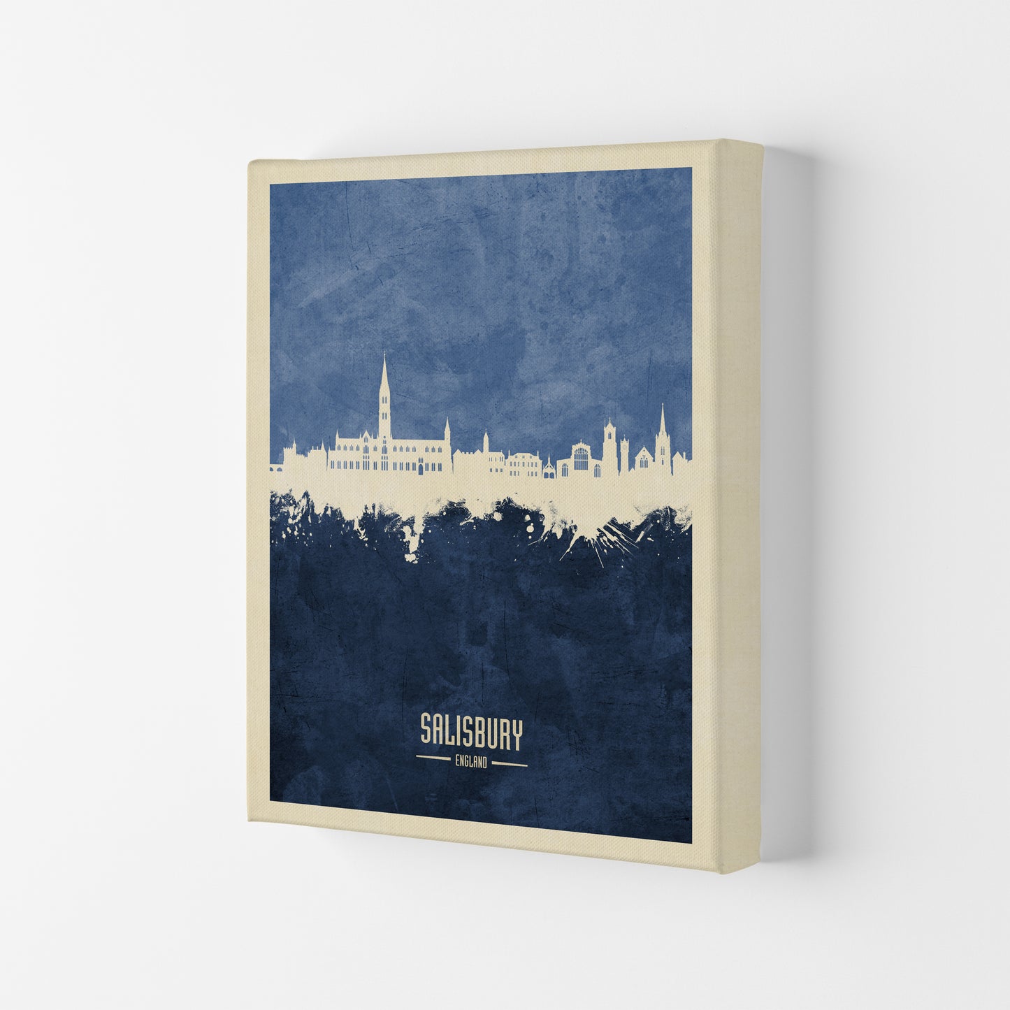 Salisbury England Skyline Portrait Navy Art Print by Michael Tompsett Canvas