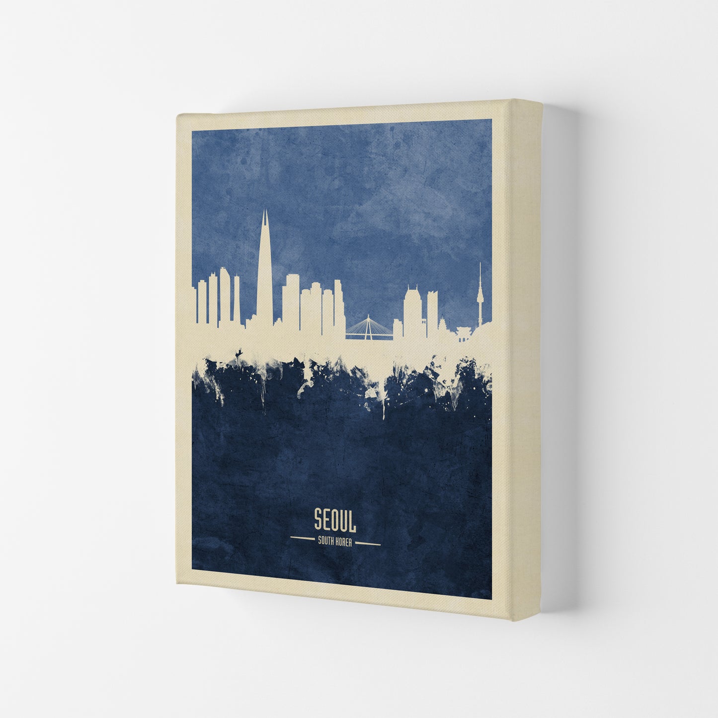 Seoul South Korea Skyline Portrait Navy Art Print by Michael Tompsett Canvas