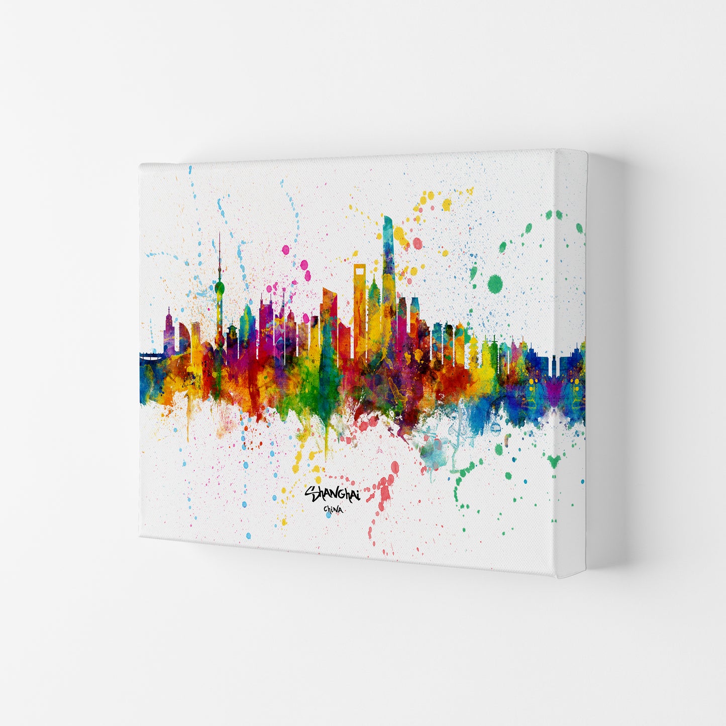 Shanghai China Skyline Splash Art Print by Michael Tompsett Canvas