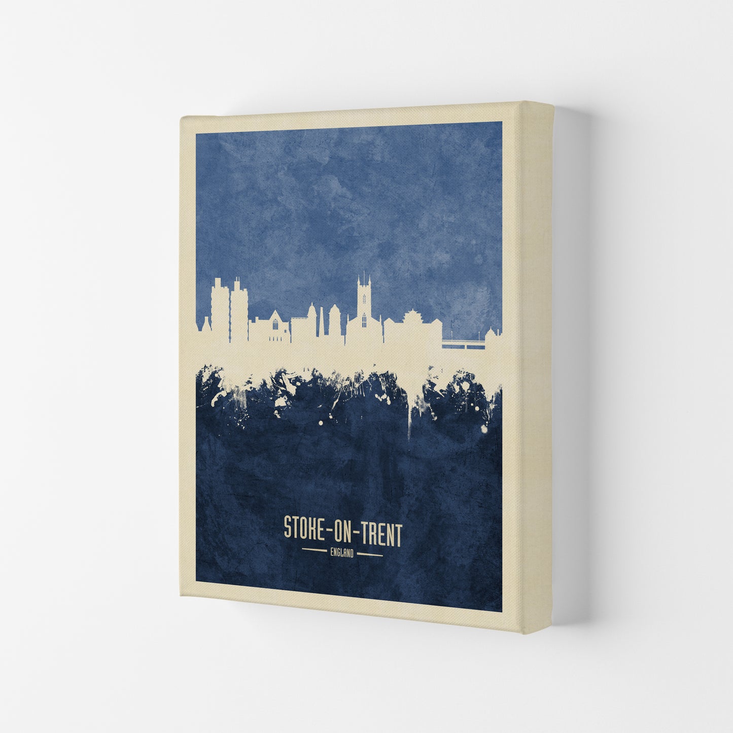 Stoke-On-Trent England Skyline Portrait Navy Art Print by Michael Tompsett Canvas