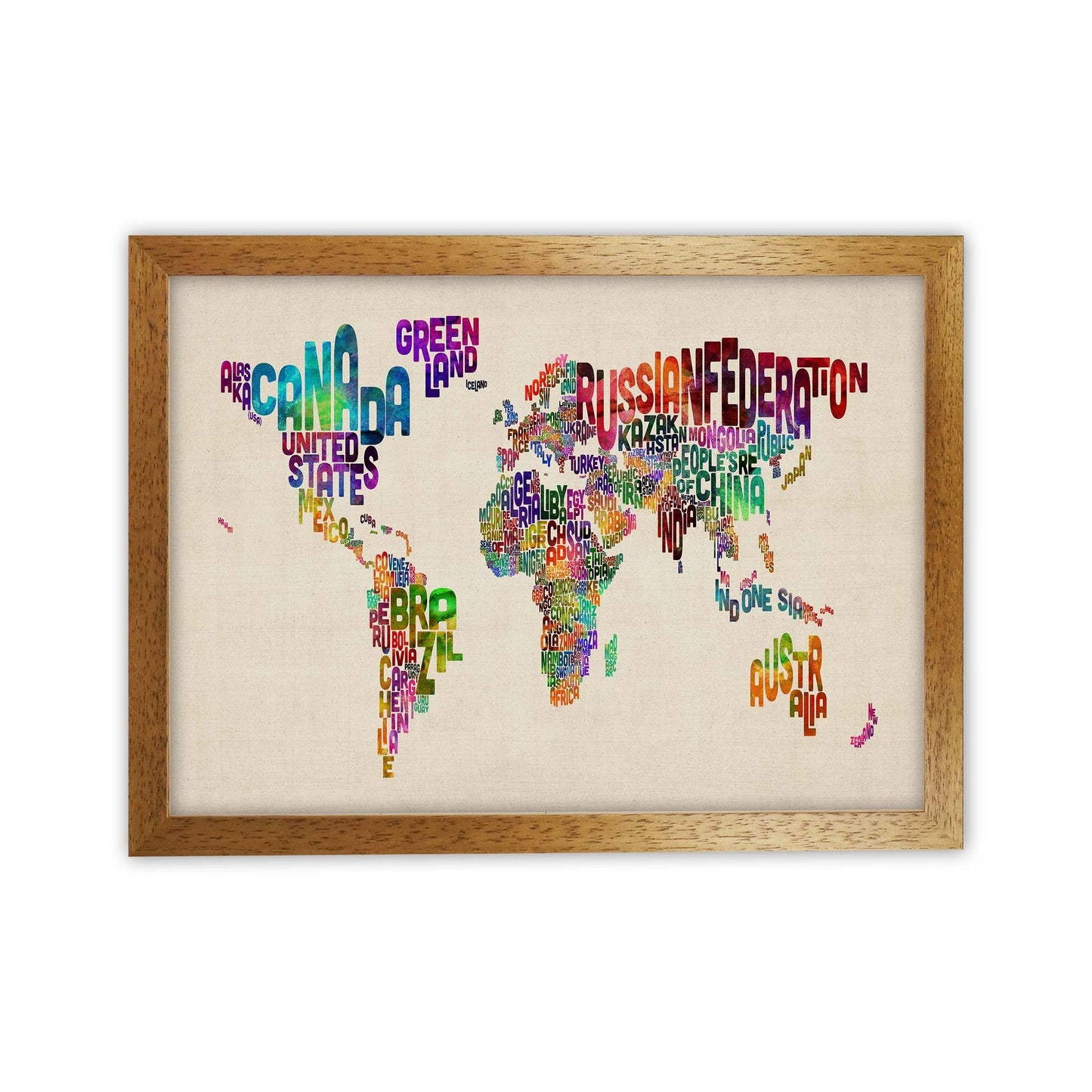 Text Map of the World Art Print by Michael Tompsett Oak Grain