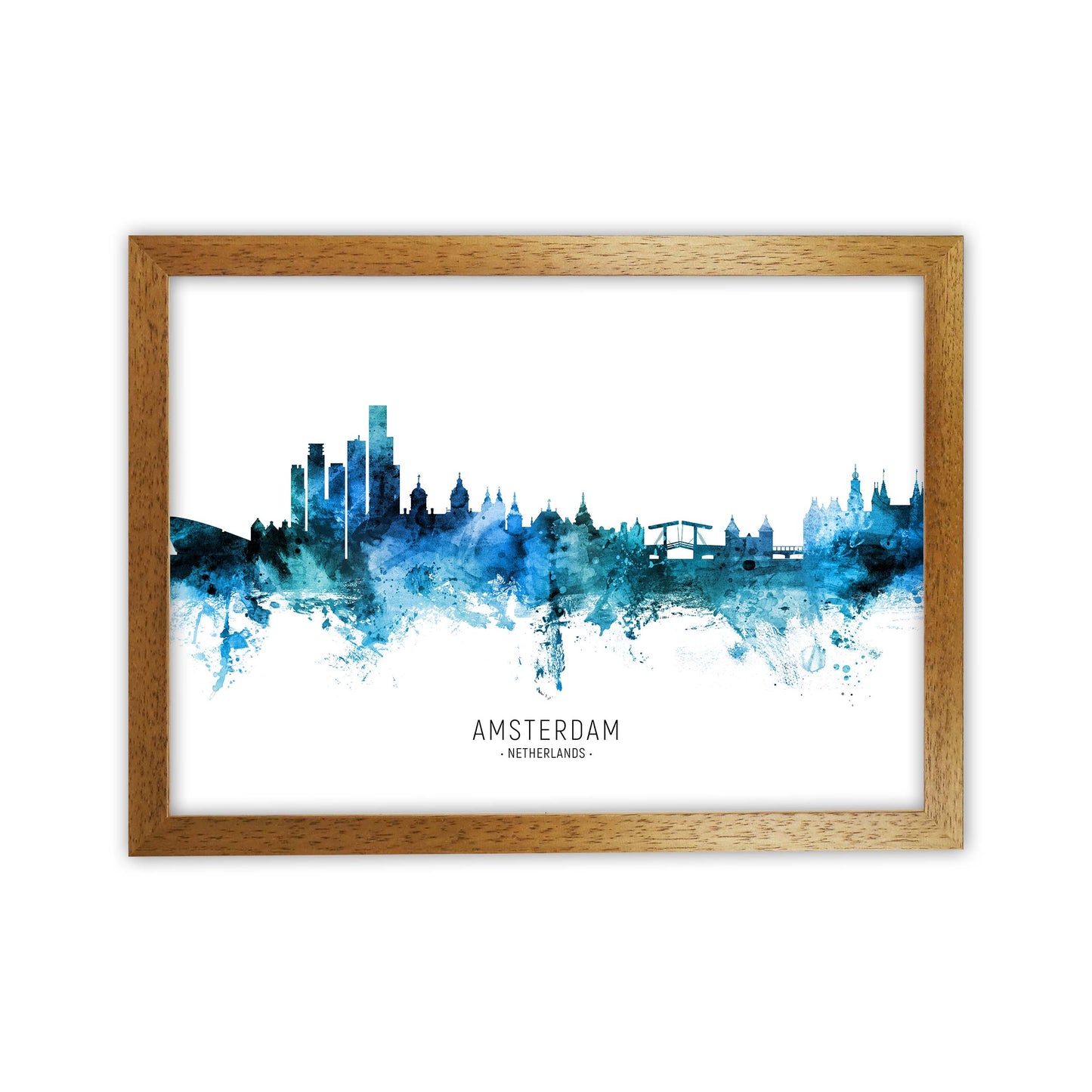 Amsterdam Netherlands Skyline Blue City Name  by Michael Tompsett Oak Grain