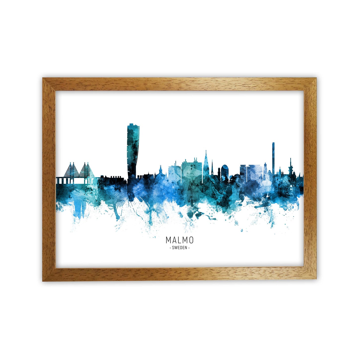 Malmo Sweden Skyline Blue City Name Print by Michael Tompsett Oak Grain