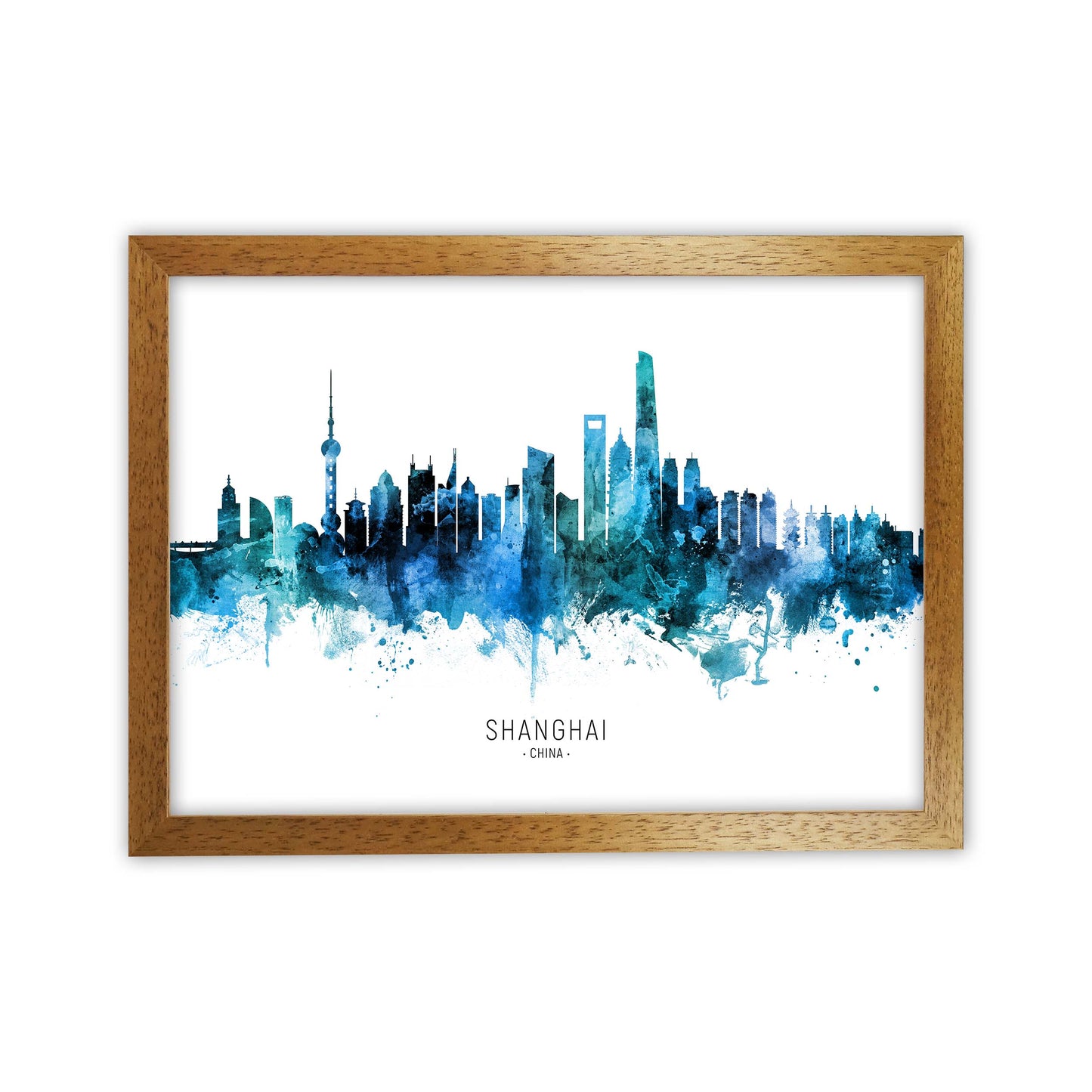 Shanghai China Skyline Blue City Name by Michael Tompsett Oak Grain
