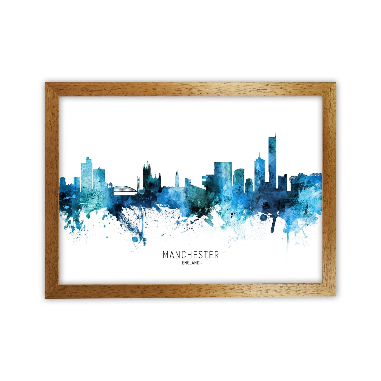 Manchester England Skyline Blue City Name by Michael Tompsett Oak Grain