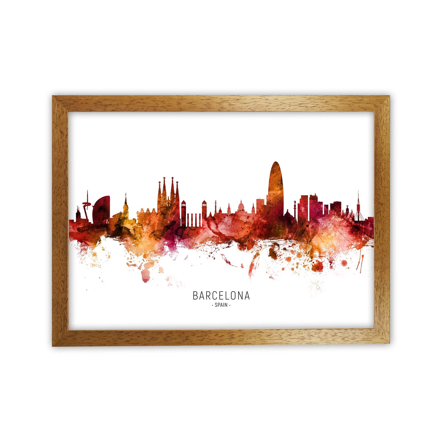 Barcelona Spain Skyline Red City Name  by Michael Tompsett Oak Grain