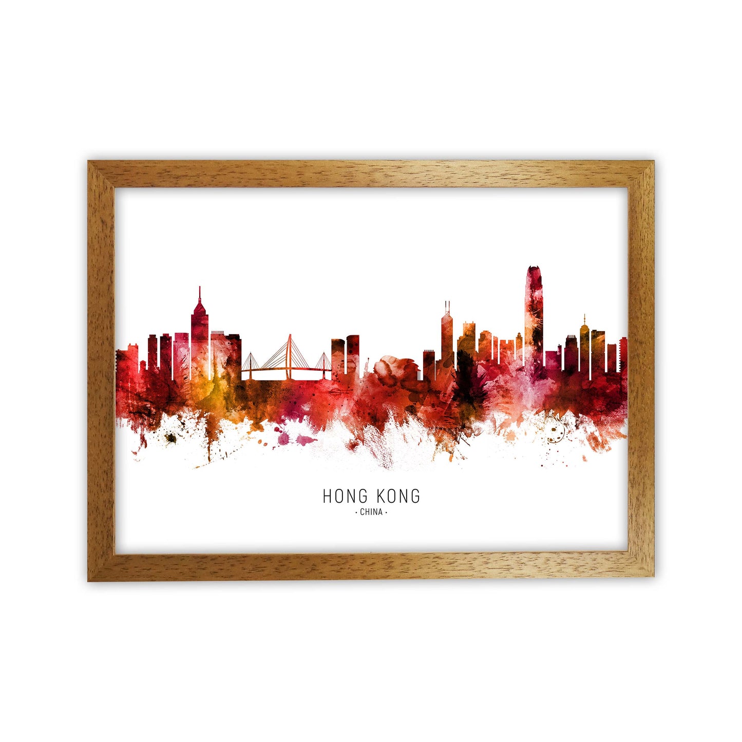 Hong Kong China Skyline Red City Name by Michael Tompsett Oak Grain