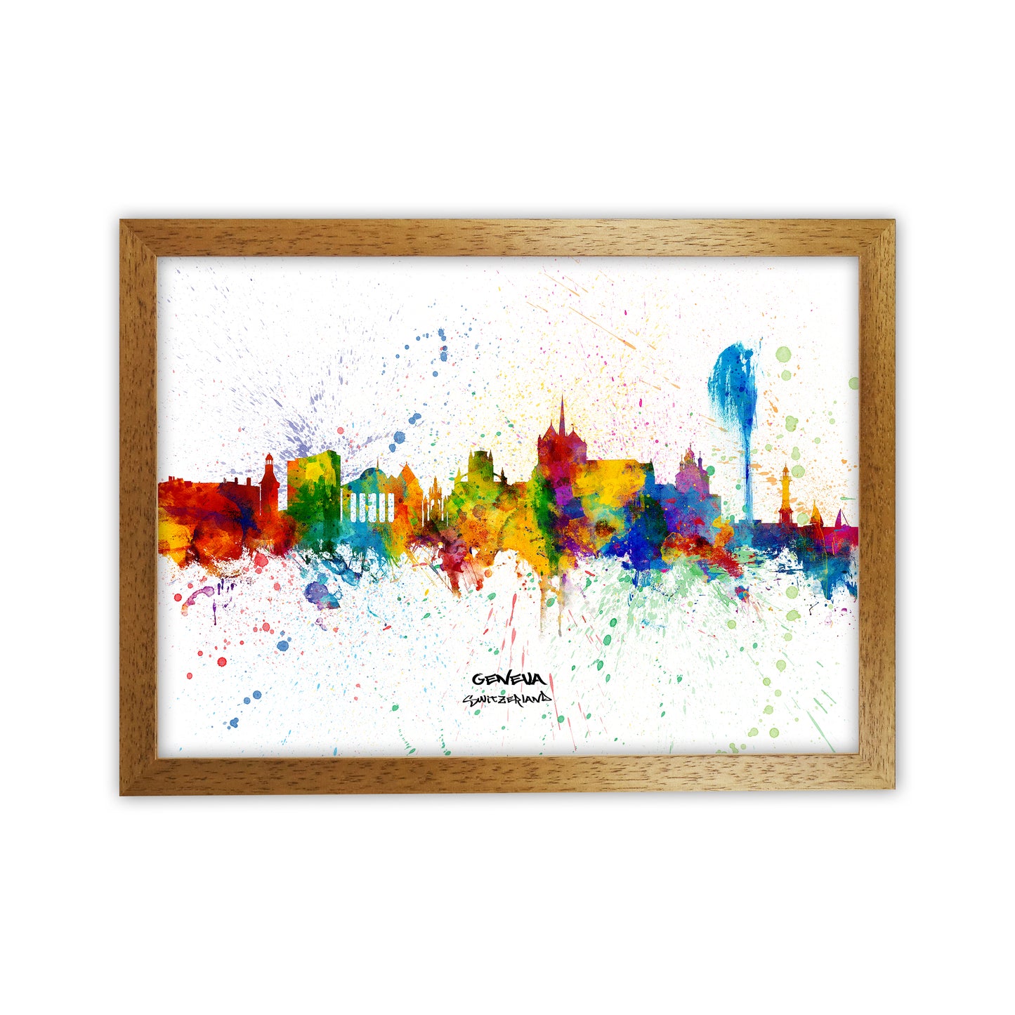 Geneva Switzerland Skyline Splash Art Print by Michael Tompsett Oak Grain