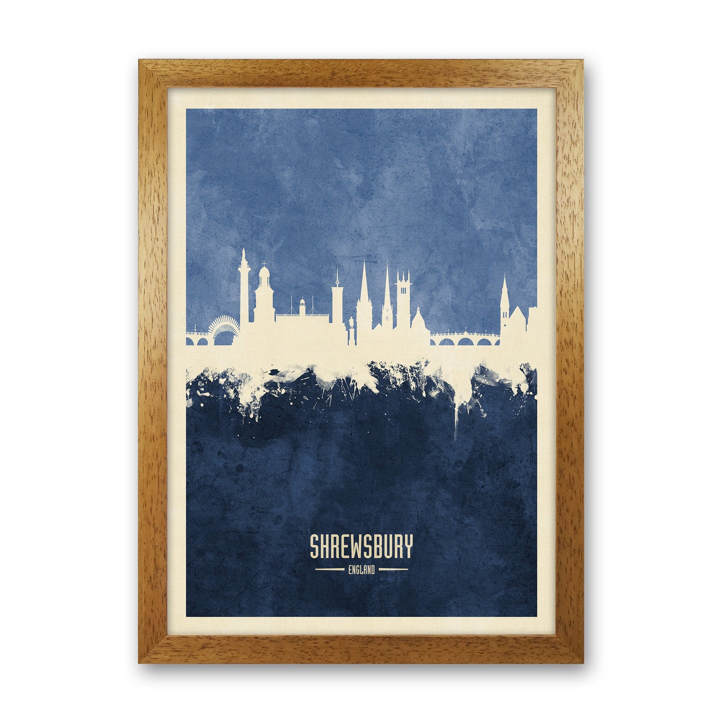 Shrewsbury England Skyline Portrait Navy Art Print by Michael Tompsett Oak Grain