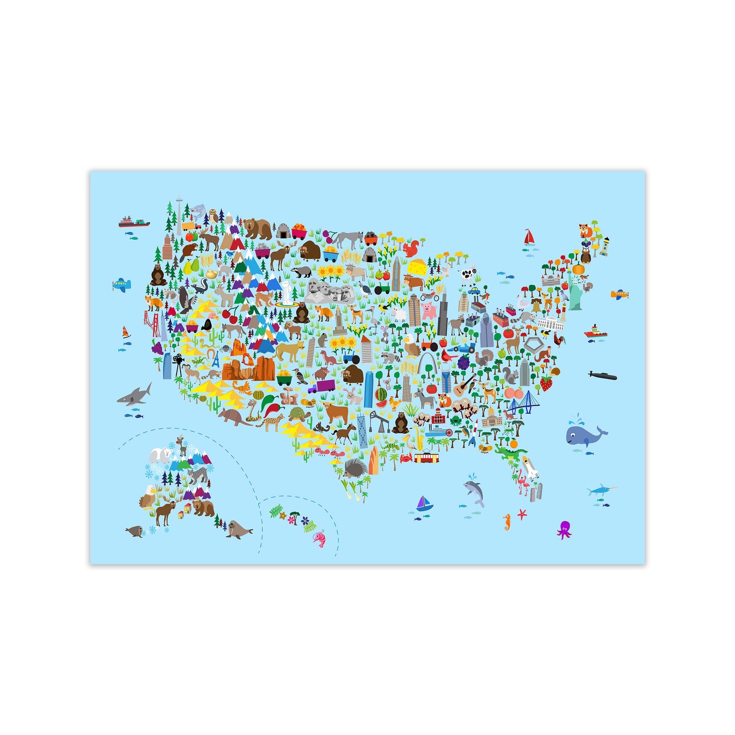 Animal Map of United States Blue Print by Michael Tompsett Print Only