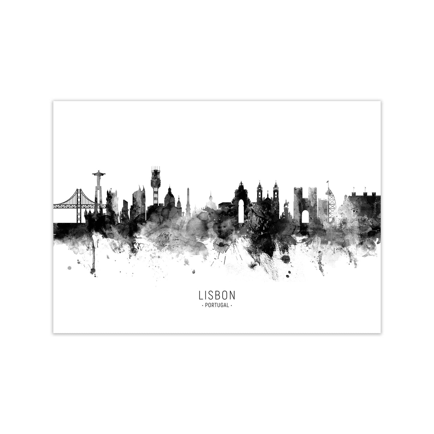 Lisbon Portugal Skyline Black White City Name by Michael Tompsett Print Only