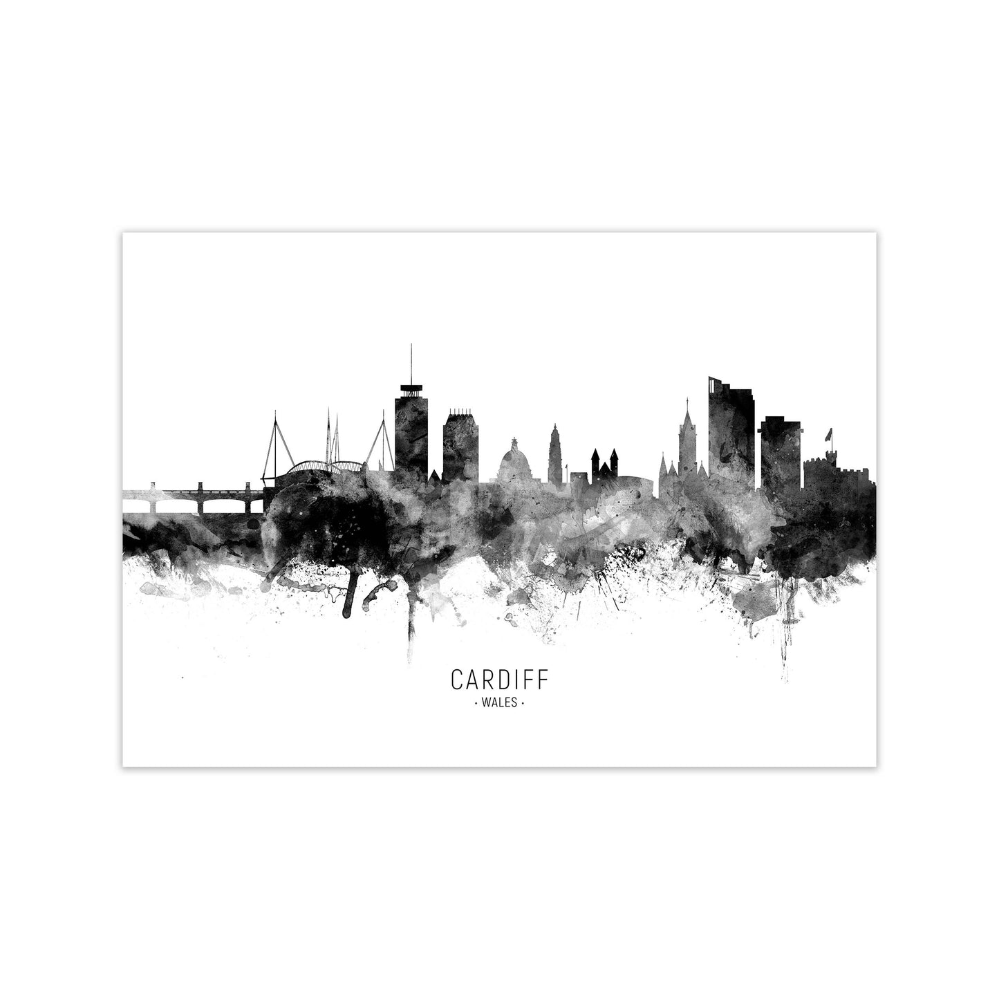 Cardiff Wales Skyline Black White City Name by Michael Tompsett Print Only