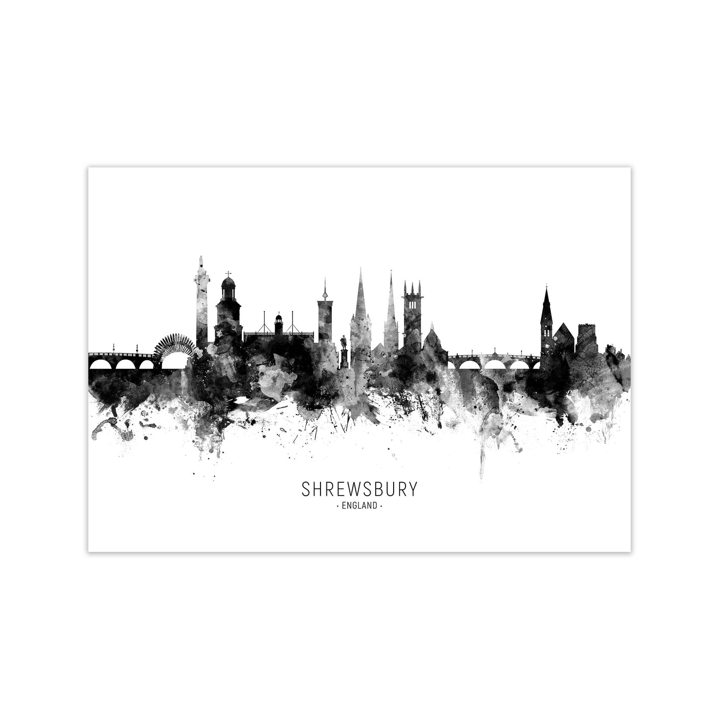 Shrewsbury England Skyline Black White City Name by Michael Tompsett Print Only