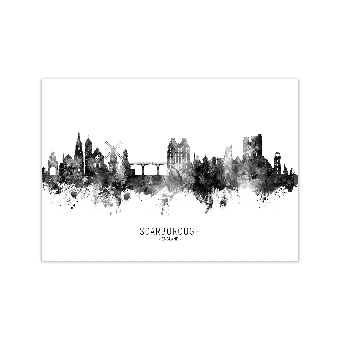 Scarborough England Skyline Black White City Name by Michael Tompsett Print Only
