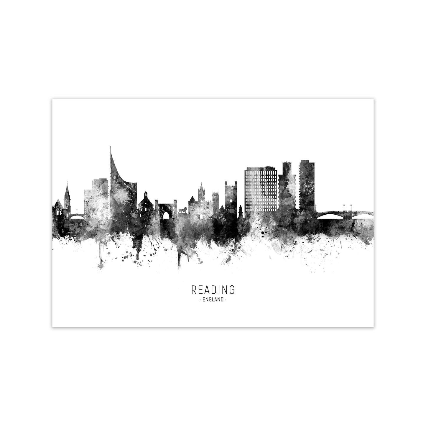 Reading England Skyline Black White City Name by Michael Tompsett Print Only