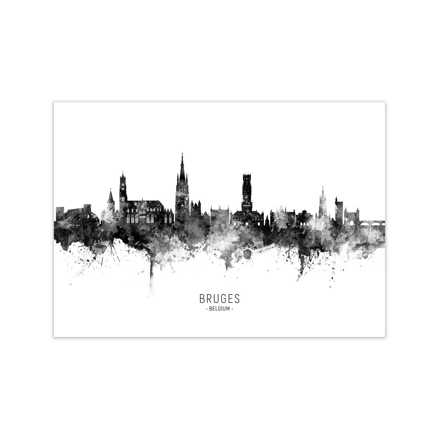 Bruges Belgium Skyline Black White City Name by Michael Tompsett Print Only