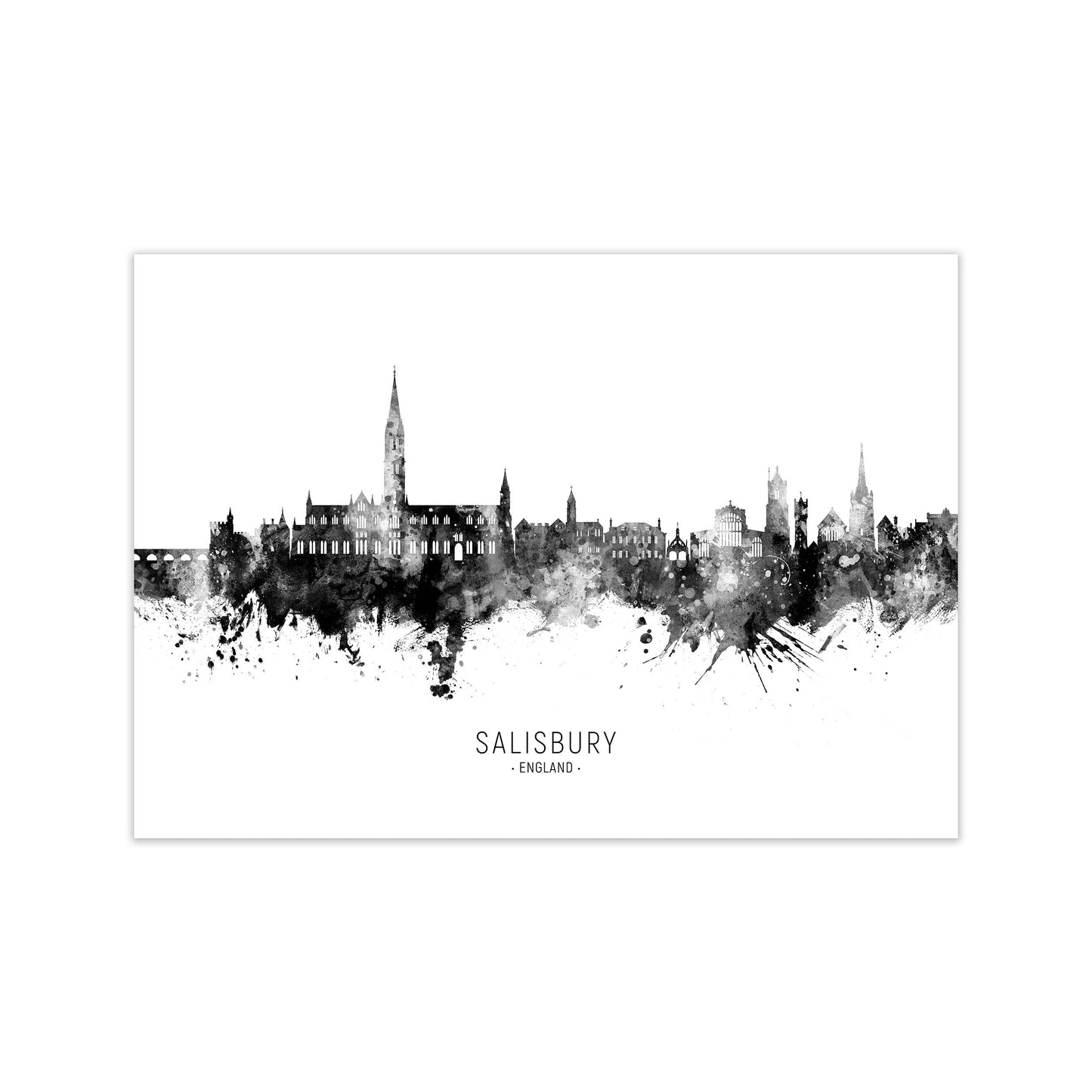 Salisbury England Skyline Black White City Name  by Michael Tompsett Print Only
