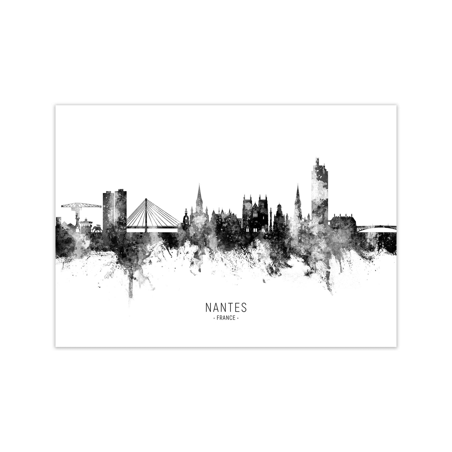 Nantes France Skyline Black White City Name  by Michael Tompsett Print Only