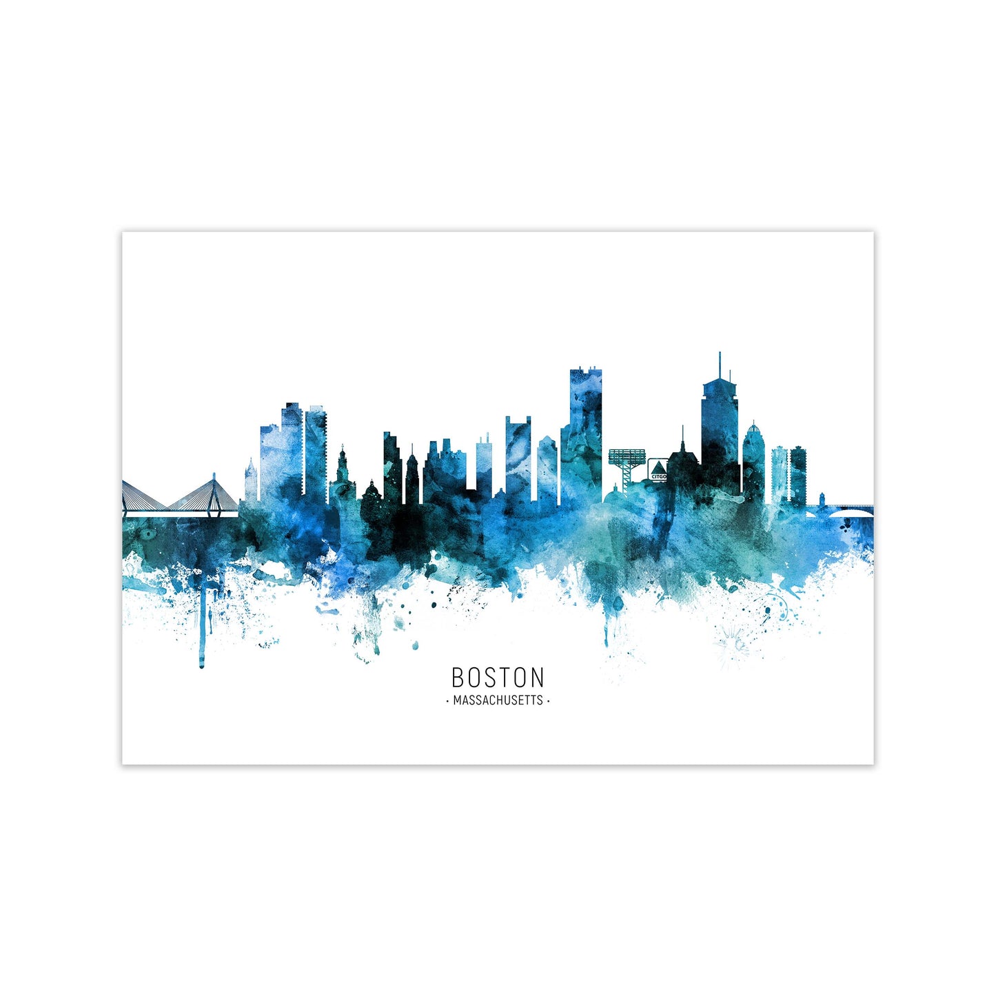 Boston Massachusetts Skyline Blue City Name by Michael Tompsett Print Only