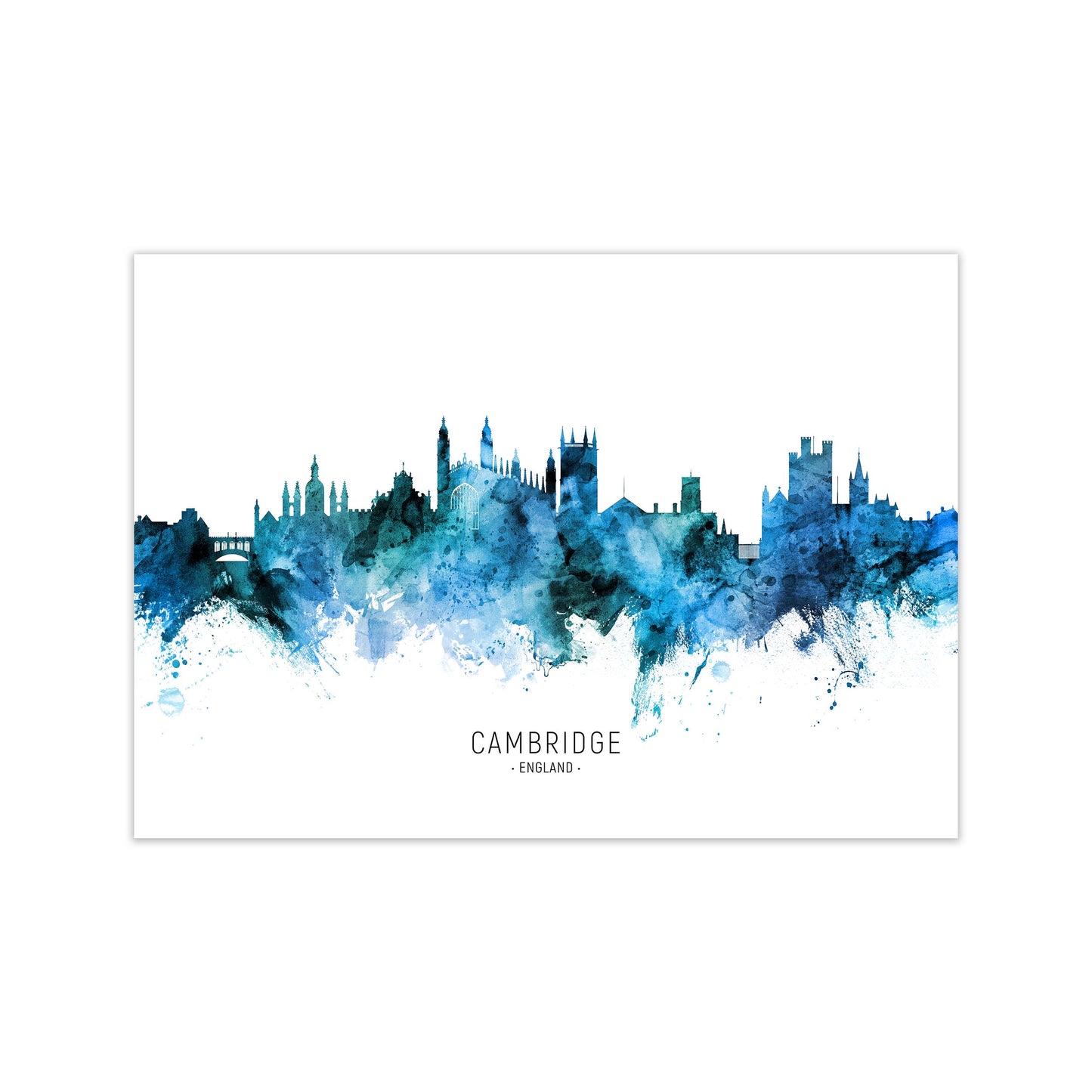 Cambridge England Skyline Blue City Name by Michael Tompsett Print Only
